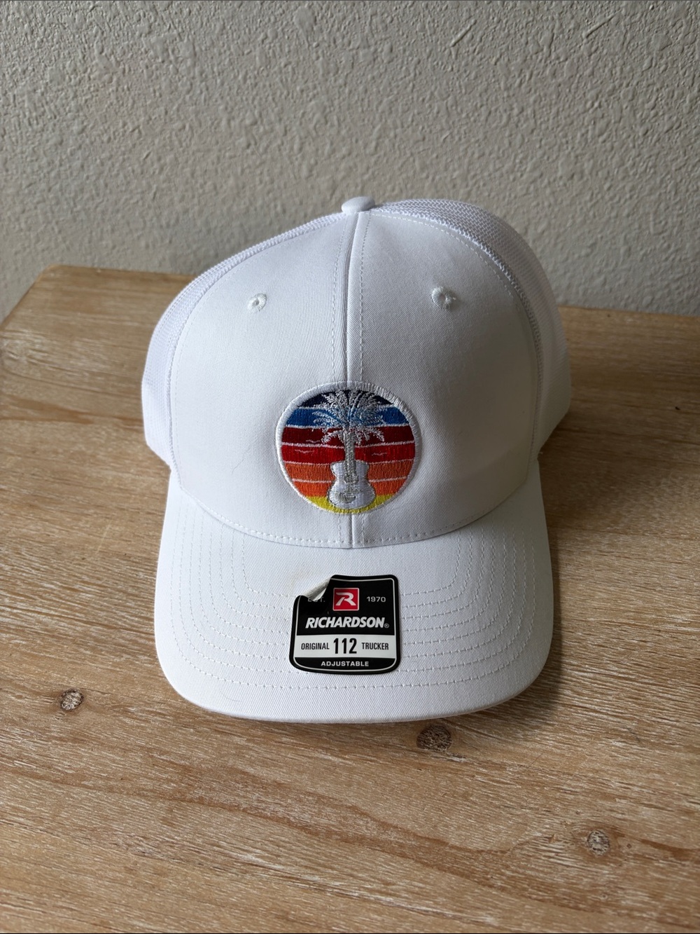 NWOT Richardson White Trucker Hat with Sunset Palm Embroidery